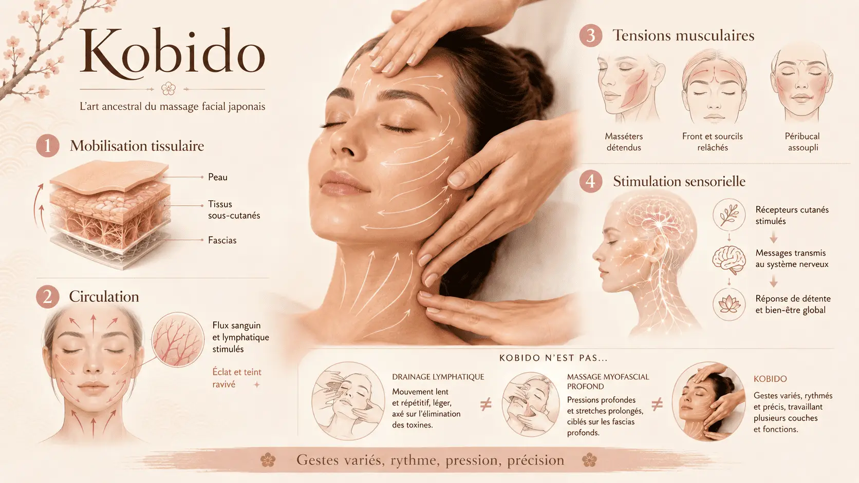 Infographie Kobido, art du massage facial japonais