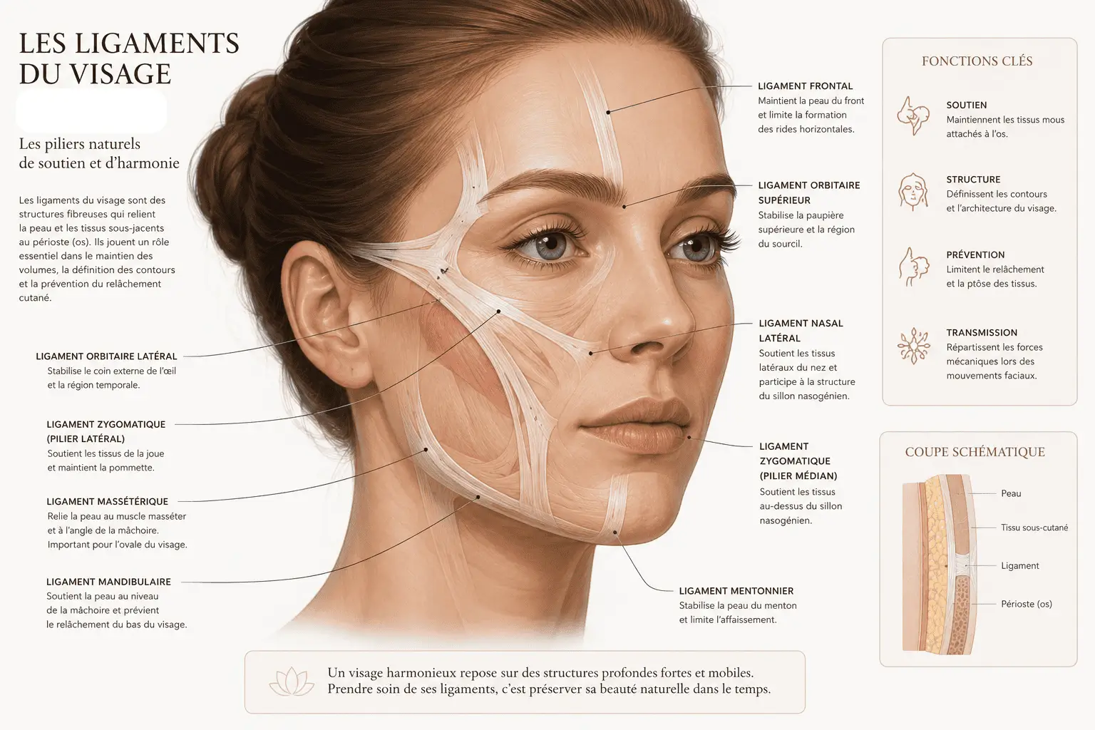 sch&eacute;ma repr&eacute;sentatif de diff&eacute;rents ligaments composant le visage humain