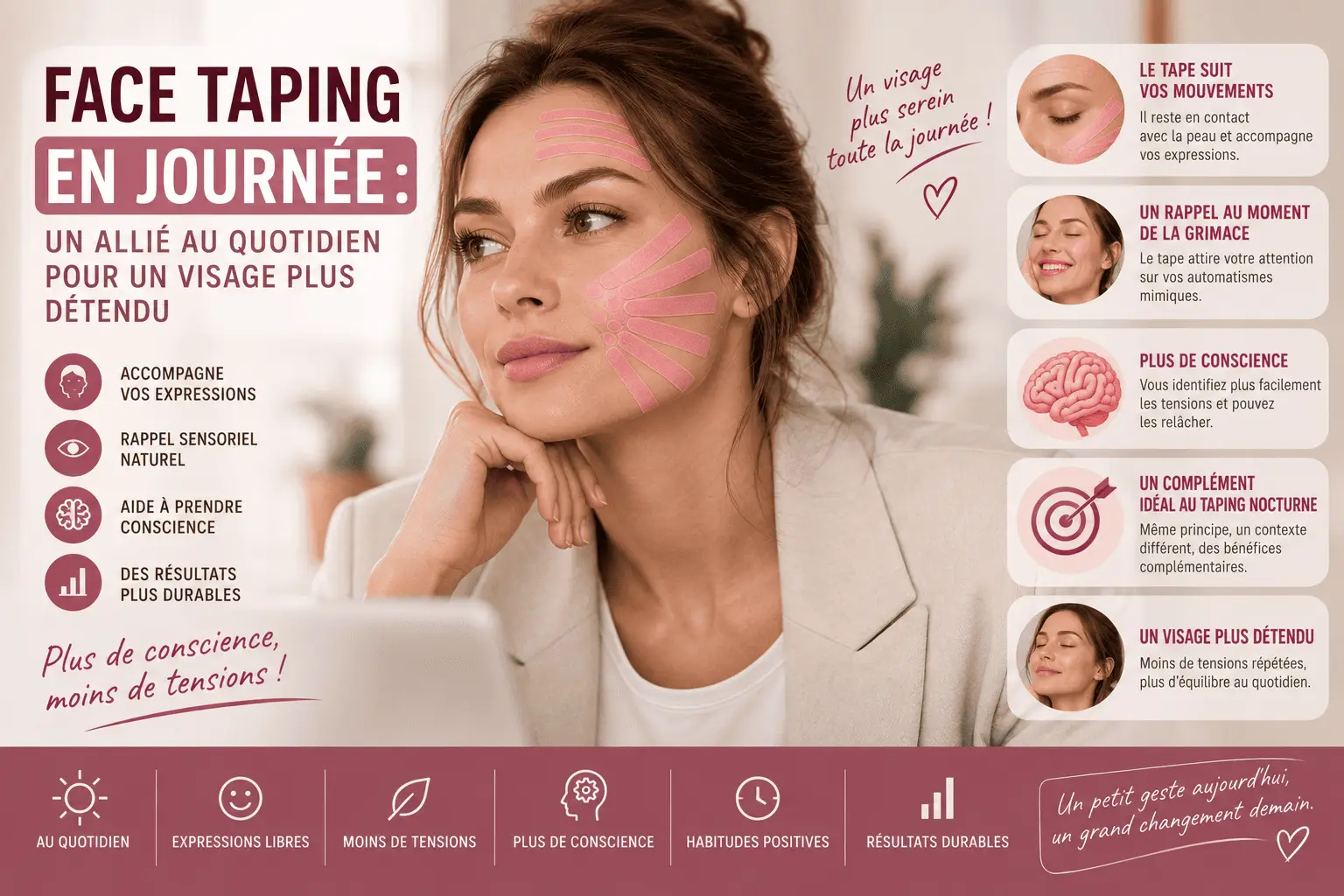 Face taping en journ&eacute;e : visage d&eacute;tendu