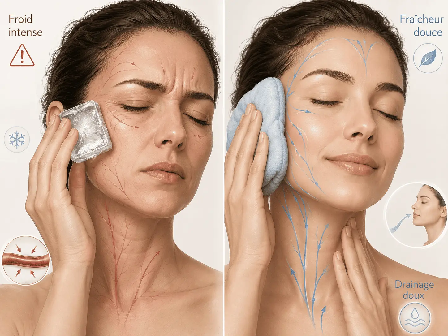 femme appliquant une compresse froide sur le visage